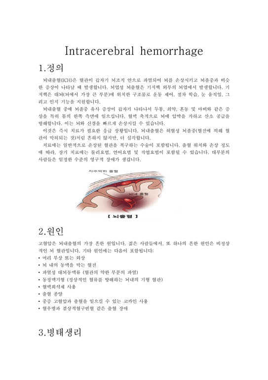 뇌내출혈(Intracerebral hemorrhage) 성인간호학 질환보고서 (A+) - 의약학