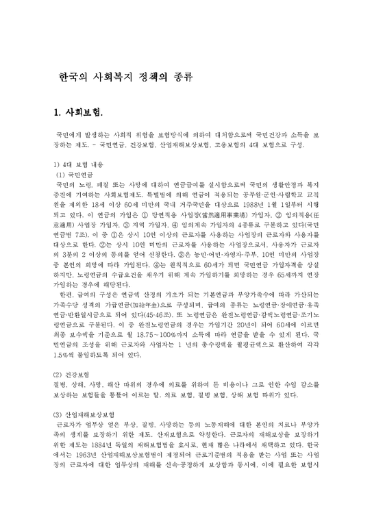 사회복지  한국의 사회복지 정책의 종류-1페이지
