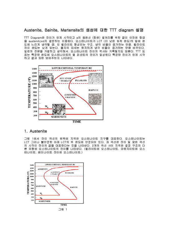 금속재료  Austenite  Bainite  Martensite의 생성에 대한 TTT diagram 설명-1페이지