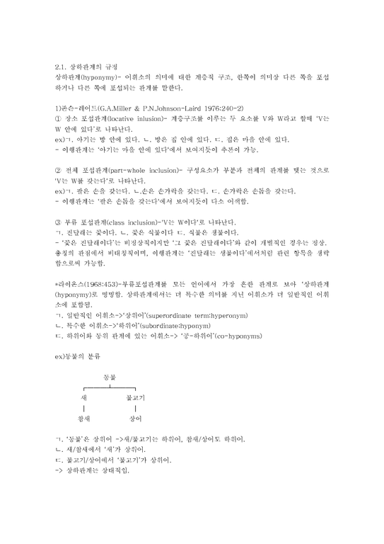 한국어의 의미구조 의미의 계열관계- 상하관계와 대립관계 - 인문/교육