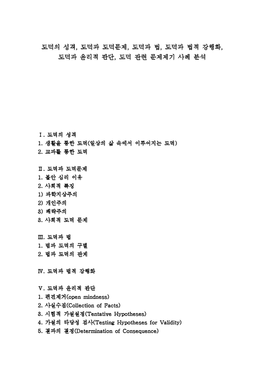 도덕 도덕의 성격 도덕과 도덕문제 도덕과 법 도덕과 법적 강행화 도덕과 윤리적 판단 도덕 관련 문제제기 사례 분석 - 사회과학