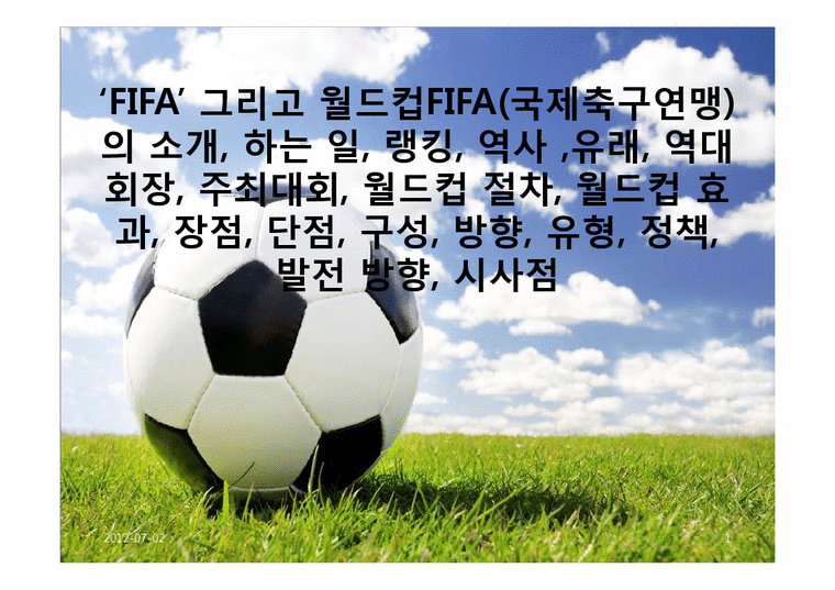 FIFA(국제축구연맹)의 소개  하는 일  랭킹  역사  유래  역대회장  주최대회  월드컵 절차  월드컵 효과  장점  단점  구성  방향  유형  정책  발전 방향  시사점-1페이지