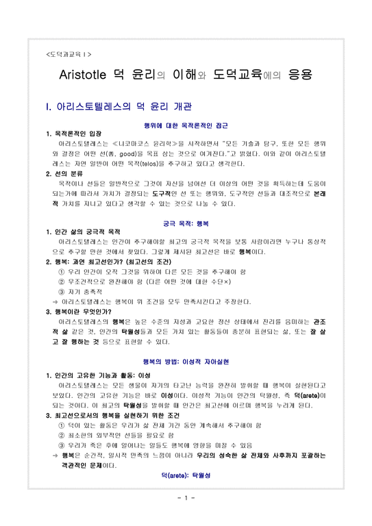도덕과교육 아리스토텔레스 덕 윤리의 이해와 도덕 교육에의 응용 - 인문/교육
