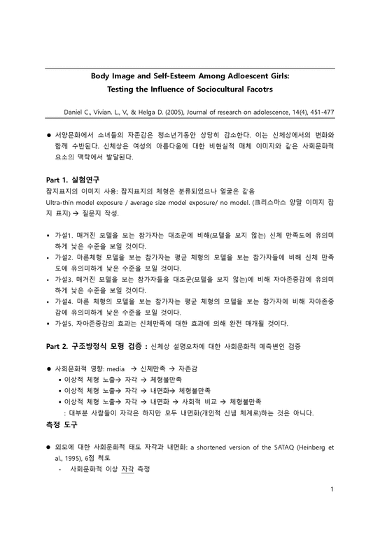 Body Image and Self Esteem Among Adloescent Girls - 사회과학